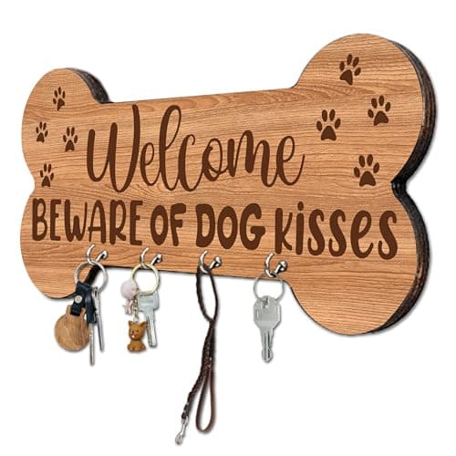 MBYHP Wooden Key Holder with 4 Hooks - Welcome Beware of Dog Kisses Decorative Key Organizer for Wall - Home Office Kitchen Hallway Entryway Wall Decor for Keys, Dog Leash Hanging - A02