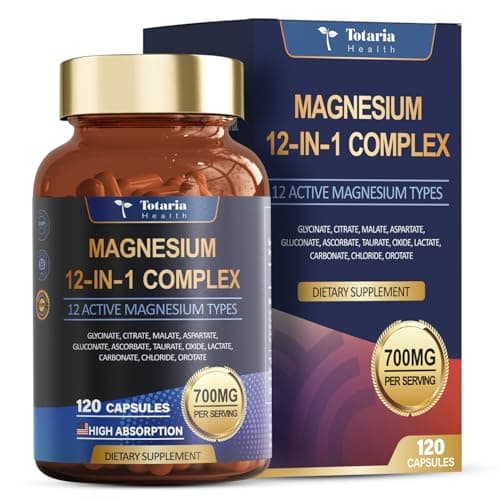 Totaria Magnesium Complex 700mg 12 in 1 Magnesium Supplement with Glycinate Citrate Malate Oxide Taurate Aspartate Orotate Magnesium Relaxation,Muscle,Heart Support, Vegan 120 Capsules