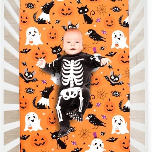 JISEN Halloween Crib Sheet Bats Fitted Crib Sheet for Boys Girls Crib Mattress Cover Baby Sheet for Standard Crib and Toddler Mattress Soft Breathable Baby Bed Sheet for Neutral 52x28 Inch Ghosts