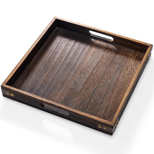 Yangbaga Serving Tray with Handles,12.5"*12.5"Wood Decorative Tray for Living Room,Modern Coffee Table Tray,Square Large Serving Platters for Home Decor,Ottoman,Bed,Kitchen,Bathroom, Breakfast,Bar