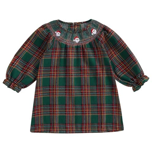 Toddler Baby Girl Christmas Outfit Smocked Christmas Dress Vintage Princess Plaid Dresses Cute Clothes (Santa Plaid Green Red, 12-18 Months)
