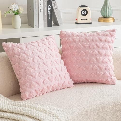 AQOTHES Set of 2 Heart Love Cute Pink Decorative Valentines Throw Pillow Covers 18x18, Soft Plush Faux Fur Pillow Covers for Couch Sofa Home Valentines Day Decoration