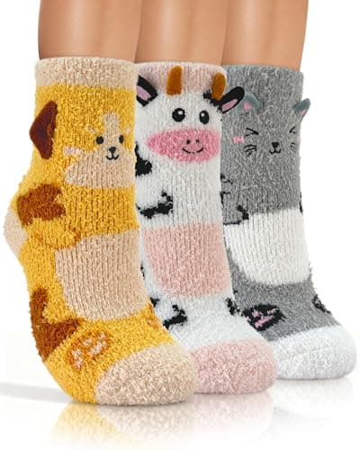 AIVEI 72-Needle Buttery Soft Thickened Fuzzy Socks for Women Girls, Cute Animal Cozy Fluffy Warm Funny Home Slipper Socks 3 Pairs, Christmas Gifts Stocking Stuffers