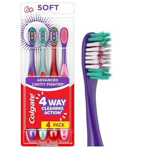 Colgate Extra Soft Kids Toothbrushes, Advanced Cavity Fighter Kids Toothbrush Pack, Extra Soft Bristles Help Remove Plaque and Stains for a Gentle Clean, for Children Ages 6 and Up, 4 Pack