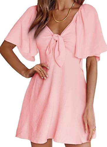 Dokotoo Valentines Pink Cute Summer Dresses for Women 2024 Holiday Fashion Spring 2025 Outfits Sexy V-Neck Drawstring Cap Sleeve Elegant Solid Color Flowy Short Mini Dress Pink