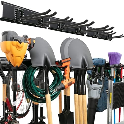 TIDYME Garden Tool Organizer Wall Mount - 48 inches - Sturdy Storage Rack with Adjustable Hooks, Anti-Rust - Easy Installation, 300lbs Capacity - Garage Tool Organizer (03 Racks & 06 Hooks)