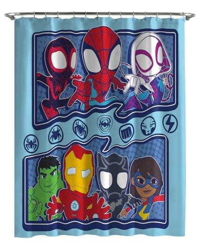 Jay Franco Marvel Spidey & His Amazing Friends Fabric Shower Curtain - Kids Blue Bathroom Décor with Ghost Spider, Spin, Iron Man and Black Panther