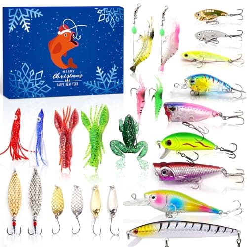 Fishing Advent Calendar 2024 Adult Men Teen Boys, 24 Day Fishing Lure Countdown Calendar with Spoons Minnow Popper Crankbait VIB Xmas Fishing Gift for Father Granpa Brother Boyfriend