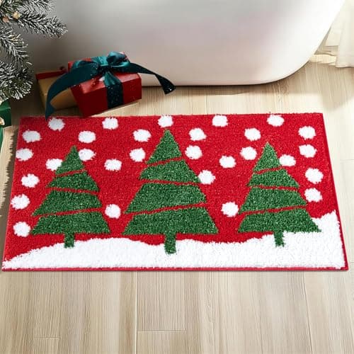 Lansatte Cute Christmas Tree Bath mat for Bathroom Decorations Non Slip, Fluffy Absorbent Microfiber Red Colorful Xmas Cheer Holiday Festive Bathroom Mat Washable, Winter Themed Snow Bath Rug