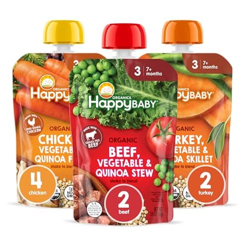 Happy Baby Organics Savory Blends Stage 3 Baby Food Puree, Meats & Veggies 3 Flavor Variety Pack (Pack of 8), Amazon Exclusive