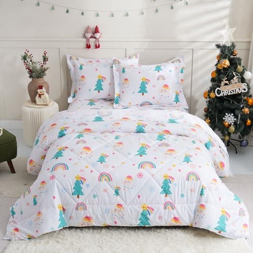 JSD Kids Christmas Comforter Set Full Size, 3 Piece Christmas Tree Rainbow Stars Printed Microfiber Bedding for Boys Girls