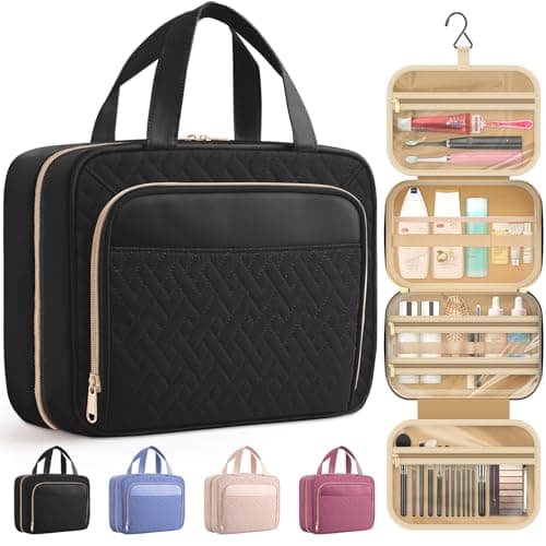 HOTOR Travel Toiletry Bag for Women & Men, Waterproof Makeup Bag with Hanging Hook and Multiple Pockets, Cosmetic Bags for Women, Travel Essentials, 11.2'' x 3.2'' x 8.9'', Black