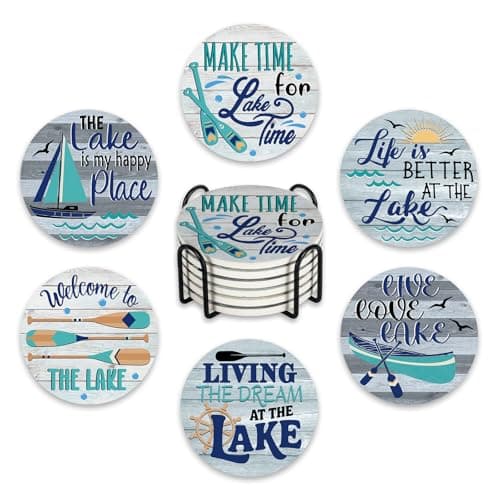 Paayna Lake Life Ceramic Coasters with Holder Set of 6, Lake House Boat Paddle Absorbent Drink Cup Mat for Coffee Table Protection, 4 Inches Nautical Farmhouse Home Kitchen Decor Housewarming Gifts