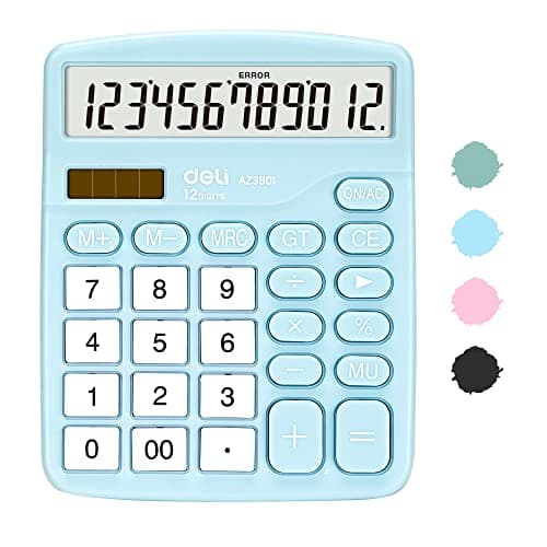Calculator, Deli Standard Function Desktop Calculators with 12 Digit Large LCD Display and Sensitive Button, Solar Battery Dual Power Office Calculator, Blue