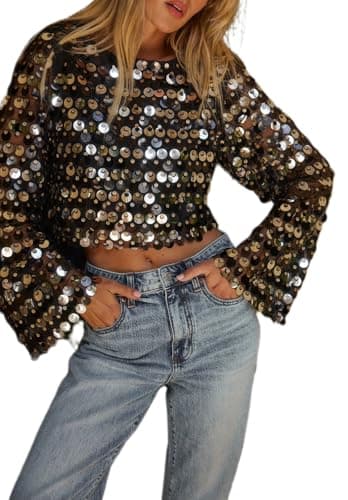 Best Long Sleeve Sequin Crop Tops #8 from KMBANGI Women Y2K Sequin Long Sleeve Tops Sheer Mesh Bell Sleeve Shirt Blouse Glitter Sparkly Mesh Crop Top Streewear Black