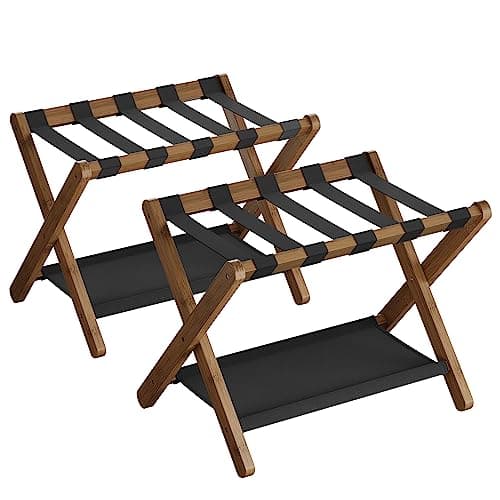 SONGMICS Bamboo Luggage Rack for Guest Room, Set of 2, Folding Suitcase Stand with Fabric Storage Shelf, for Hotel, Bedroom, Heavy-Duty, Holds up to 131 lb, Walnut Brown URLR007D02
