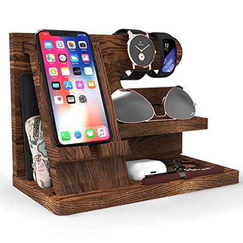 Iswabard Birthday Gifts for Men Wooden Phone Docking Station Organizer Dad Birthday Nightstand Organizer Desk Organizer Wood Gifts for Men Valentines Day Gifts for Men