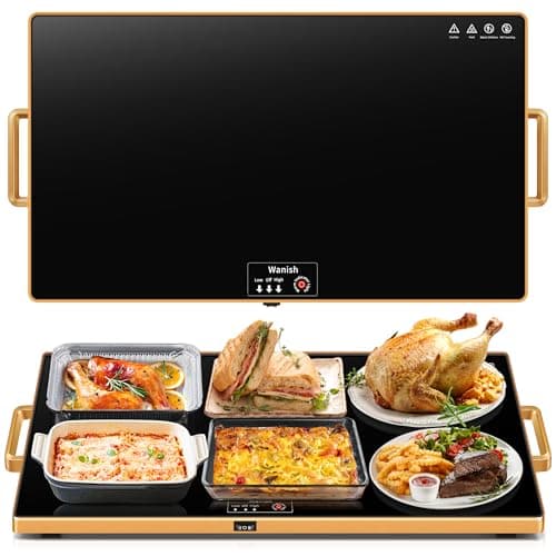 Electric Warming Tray (XXL 32”x18”)，Food Warmers for Parties Buffet with Thermostat & Full Surface Heating, Tempered Glass Warming Mat for Food, Temperature Adjustable Gold Handles Food Warming Mat