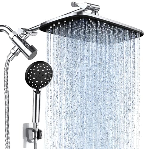 Veken 11.8 Inch Rectangle High Pressure Rain Shower Head Combo with Extension Arm- Wide Showerhead with 5 Handheld Water Spray - Adjustable Dual Showerhead with Anti-Clog Nozzles - Silver Chrome