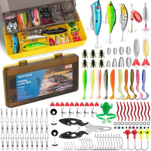 WITOROR Fishing Lures, 144Pcs Tackle Box Included Crankbaits, Spoon, Hooks, Jigs, Weights and More Other Accessories, Fishing Bait Lure Gear Teasers Kit Gifts for Men Bass Freshwater