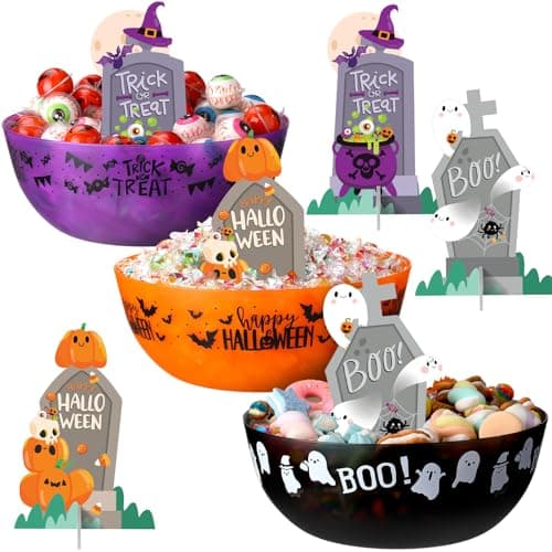 Tioncy 3 Set Large Halloween Candy Bowls with Tombstones Stands, Plastic Candy Dish Serving Bowls Treat Sweet Holders Party Decor Halloween Party Supplies