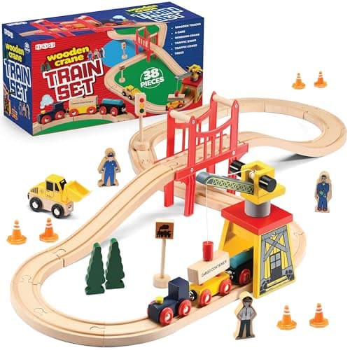 Wooden Train Set Toddler Toys - 38 Pcs Wood Train Track Set for Toddlers 3-4 Years with Crane, Bridge & Accessories - Compatible with All Major Brands