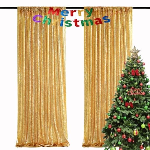 Gold Sequin Backdrop Curtain Panels Stage 2 Pieces 2FTx8FT Sheer Gold Curtains Backdrop Photo Backdrop Curtains for Wedding Birthday Party Background Drapes Christmas Decorations