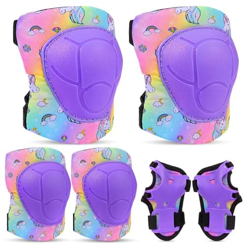 FIODAY Knee Pads for Kids Protective Gear Set Adjustable Kids Knee Pads and Elbow Pads with Wrist Guard for Girls Roller Skates Cycling Bike Skateboard Scooter Knee Pads, 3-8 Years,Rainbow Unicorn