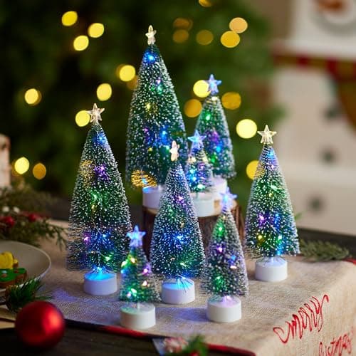 JOYIN 8 Pcs Mini Xmas Tree with LED Lights, Prelit Classic Small Christmas Decor in 4 Sizes with Star Topper, Tabletop Artificial Tree with Snow for Xmas Indoor Home Decor Holiday Festive (Green)