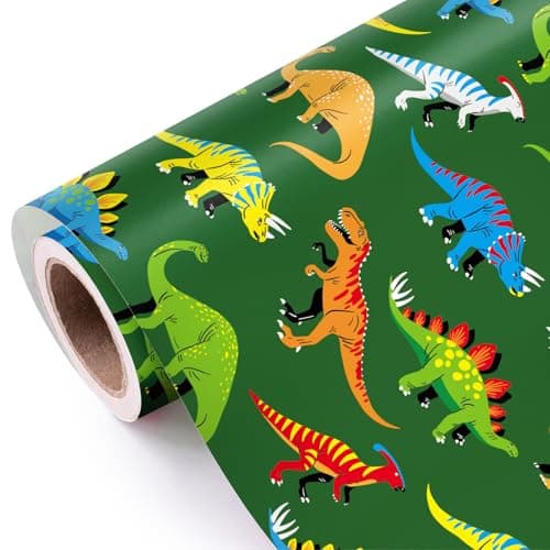 WRAPAHOLIC Dinosaur Wrapping Paper Roll - Mini Roll - 17 Inch x 9.8 Feet - Green Dinosaur Design, Perfect for Girl Kids Boy Birthday, Baby Shower, Dinosaur Party, Dinosaur Lovers