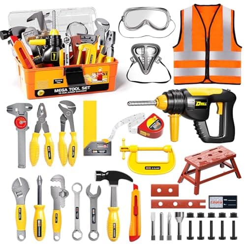Deejoy Tool Set with Tool Box & Electronic Toy Drill, Pretend Play Kids Construction Kits for Kids Ages 3-5 Years Old, Toddler Boy Toys(Orange)