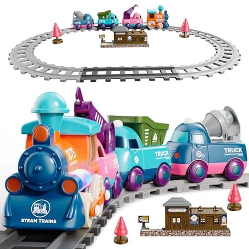 Lipneaed Train Set for Toddlers, Magnetic Train Toys for Toddlers 3+ Electric Train Set with Train Tracks Accessories Battery Operated, 4pcs Trucks Toy Train for Boys and Girls