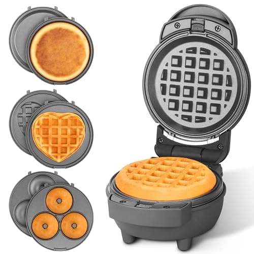 Baker's Friend 4 in 1 Mini Waffle Maker with Removable Plates, Set Includes Mini Pancake, Donut, Heart Shape Waffle Makers, Compact Size, Recipe Included, Graphite