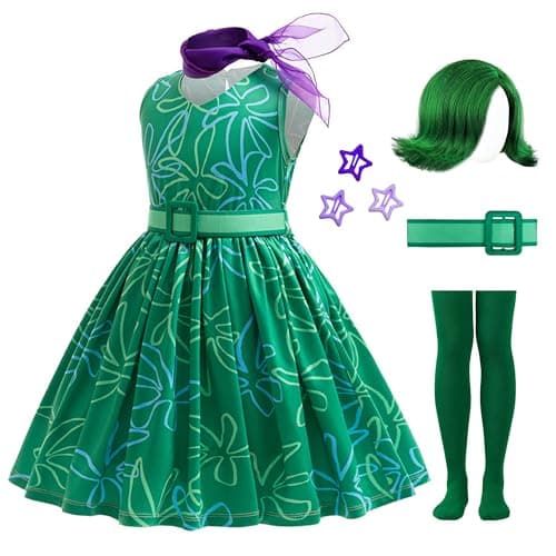 RuuYiicoco Girls Green Disgust Costume Cosplay Dress up Halloween Outfits with Wig (Green, 6-7 Years)