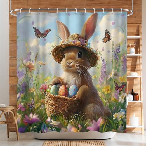 Printspree Easter Bunny Floral Shower Curtain - Cute Spring Bathroom Decor for Kids, Family, and Guests - Colorful Eggs, Butterflies, and Flowers - 72x72 Inches with 12 Hooks for Festive Celebration
