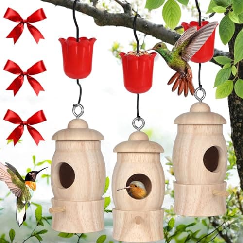 Hummingbird House,Wooden Hummingbird Houses for Outside for Nesting, Hummingbird Houses with Red Feeder Ribbons Gardening Gifts Home Decoration,3 Pack