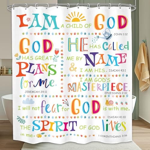 LGhtyro Kids Bible Verse Christian Shower Curtain Bathroom Set 60Wx71H Inches Scripture Inspirational Motivational Positive Quotes Bath Accessories Colorful Sayings Art Home Decor Fabric 12 Pack Hooks