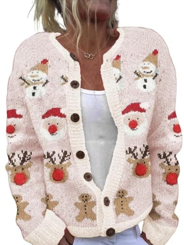 Women's Funny Fall Winter Long Sleeve Christmas Tree Elk Santa Claus Xmas Button Knit Cardigan Sweater Vintage Knitted Outerwear(Christmas-Winter,L)