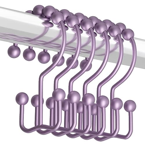 Titanker Shower Curtain Hooks Rings, Rust-Resistant Metal Double Glide Shower Hooks for Bathroom Shower Rods Curtains, Set of 12 Hooks - Greyish-Purple