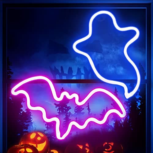 2 Pack Halloween Decoration LEDs Neon Sign Light Ghost Neon Sign Bat Lights Neon Sign Hanging Neon Sign for Halloween Party Decorations Indoor Home Window Decorations(Batteries Not Included)