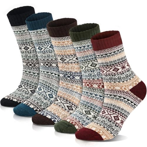 ZHICVIVA 5 Pairs Womens Vintage Winter Wool Socks, Cozy Soft Warm Thick Multicolor Knit Cushion Crew Socks, Free Size Christmas Gifts Ideas For Women Best Stuffers Fall