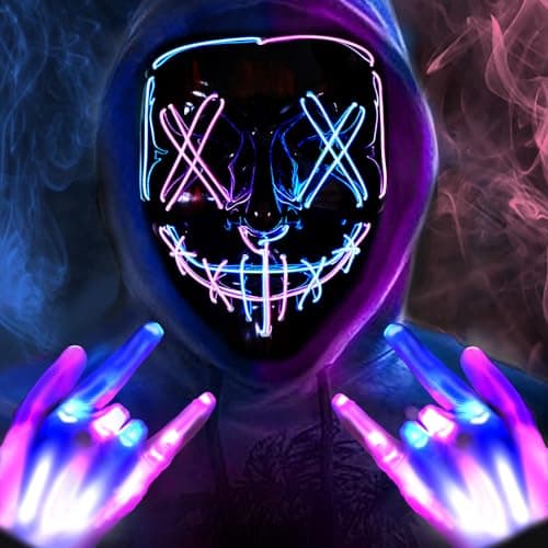 BOMLY Halloween Purge Mask Light Up Scary Masks with Glowing Gloves LED Mask for Adults Cosplay Costume Festival Party Gift