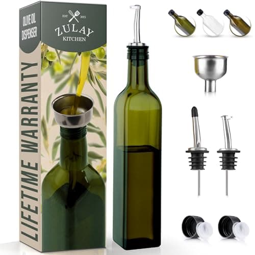 Zulay Olive Oil Dispenser For Kitchen, Glass Oil Container With Spout, Oil Decanter/Cruet Dispenser, Bottle Dispenser With Pourers and Funnel, 17oz Bottle (Green)