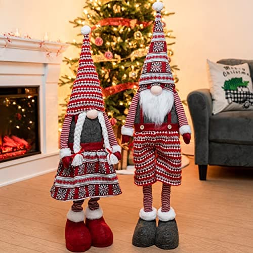JOYIN 40" Christmas Gnome Standing Couple Decoration Knitting Style with Long Retractable Legs, Tomte Nordic Gnomes Christmas Indoor Decor, Xmas Decor,Home Decorations