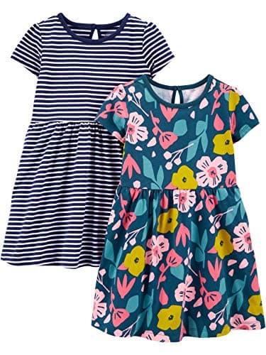 Simple Joys by Carter's Girls' Short-Sleeve and Sleeveless Dress Sets, Pack of 2, Navy Floral Print/White Stripe, 5T