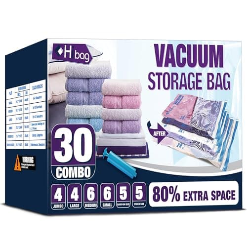 HIBAG Vacuum Storage Bags, 30-Pack Space Saver Vacuum Storage Bags, Vacuum Seal Bags for Clothing, Clothes, Comforters and Blankets (30C)