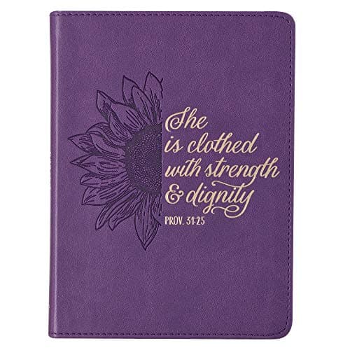 Christian Art Gifts Purple Vegan Leather Small Journal Inspirational Scripture Women's Sunflower Notebook Strength & Dignity Bible Verse Proverbs 31:25, 240 Ruled Pages, Ribbon 5.7" x 7"