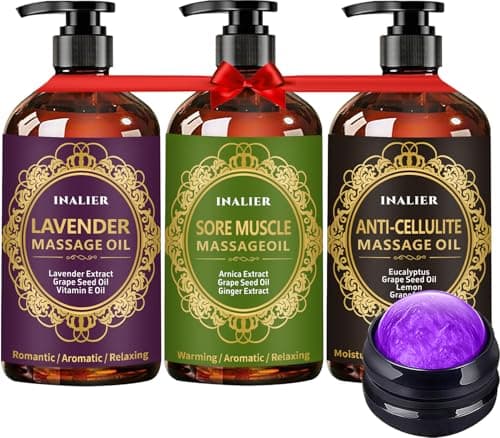 Massage Oil for Massage Therapy,3 Pack Cellulite,Sore Muscle & Lavender Massage Body Oil & Ginger Oil Lymphatic Drainage with Massage Ball,Christmas Gifts for Him/Her,Stocking Stuffers for Men/Women