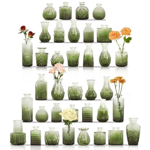 36Pcs Bud Vases Set Small Vintage Glass Bottles Bud Vases in Bulk Multiple Shape Cute Glass Vases for Rustic Wedding Centerpieces Table Decorations and Home Decor(Green)