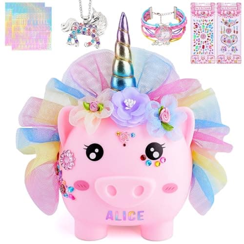 Piggy Bank for Girls Large Unicorn Piggy Banks with Necklace Bracelet DIY Stickers Cute Coin Piggybank Unbreakable for Toddler Kids Christmas Birthday Gifts, Pink with Rainbow Dress, M